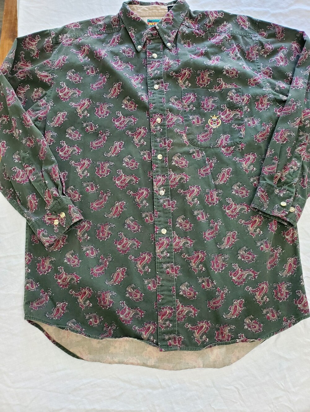 Ivy Crew Vintage Paisley Button Down Shirt Men's L Green Burgundy 100% Cotton